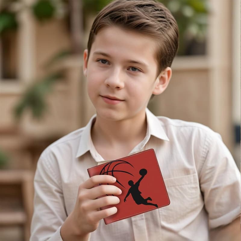 Boys' RFID Blocking Leather Wallet - Fun Basketball Design