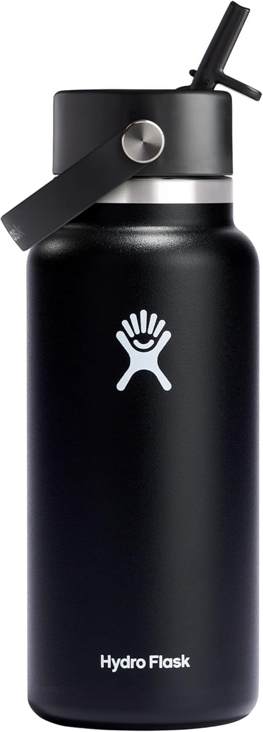 Insulated Stainless Steel Water Bottle with Wide Straw Lid - 32 Oz Black