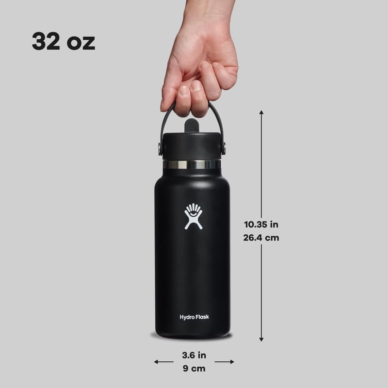 Insulated Stainless Steel Water Bottle with Wide Straw Lid - 32 Oz Black