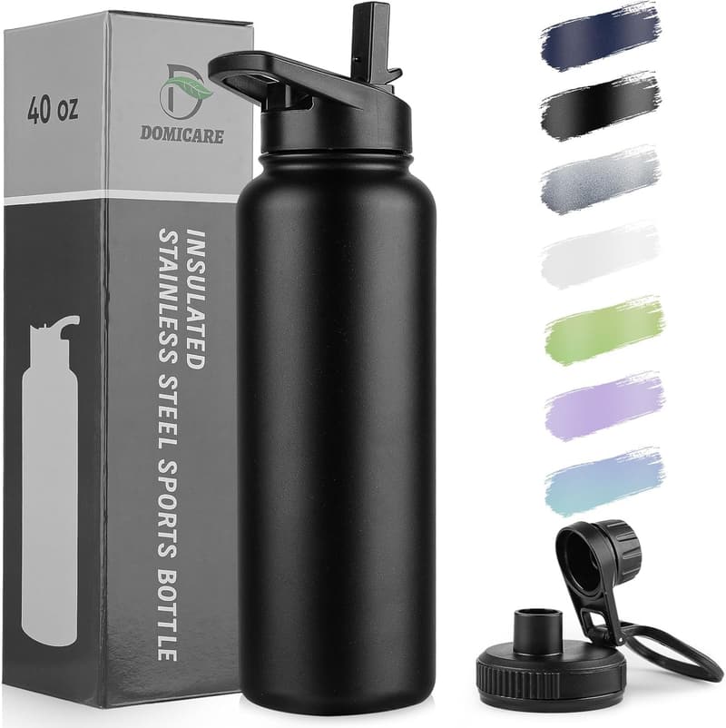 40 oz Insulated Stainless Steel Water Bottle - Leakproof, Black
