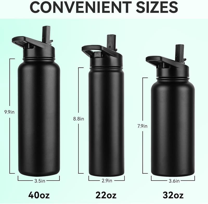 40 oz Insulated Stainless Steel Water Bottle - Leakproof, Black