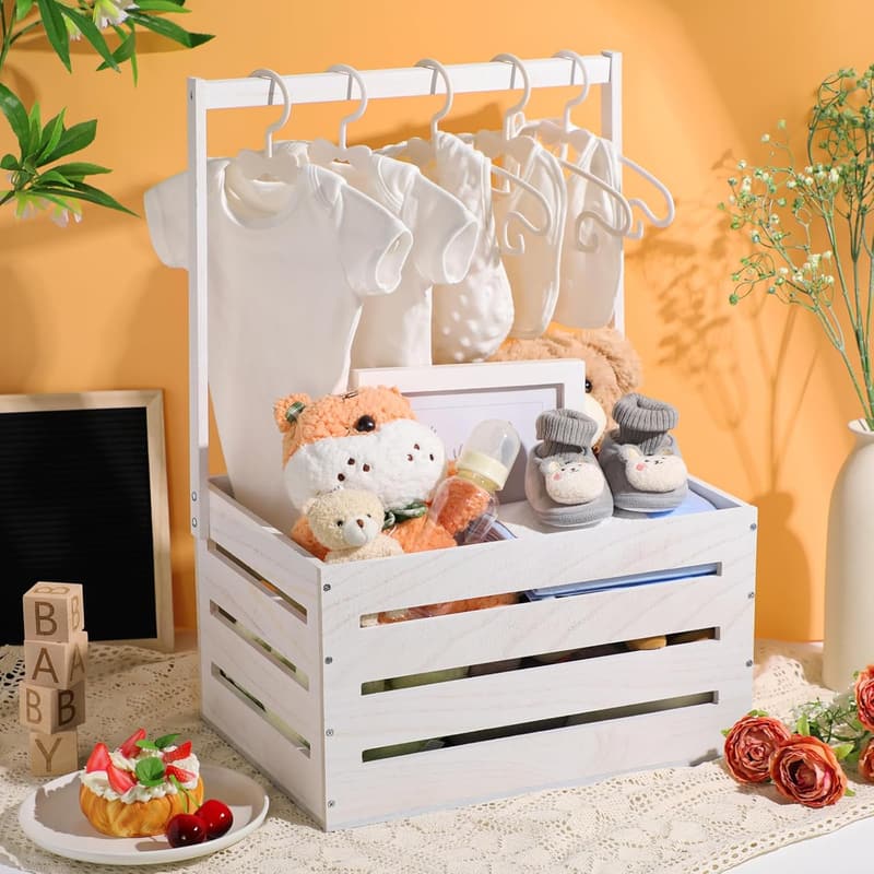 Baby Shower Wooden Storage Crate with Handle, White