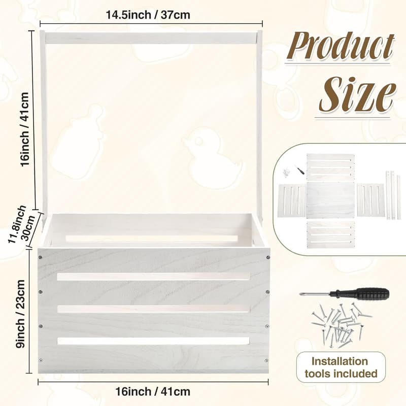 Baby Shower Wooden Storage Crate with Handle, White