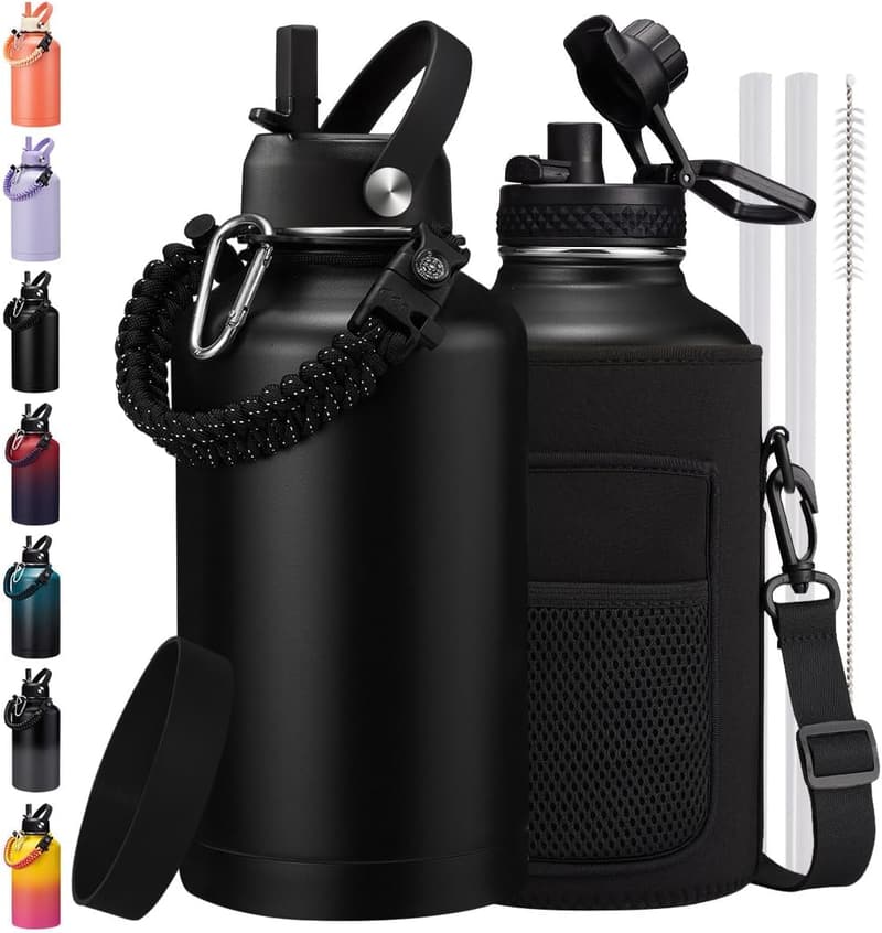 Insulated Half Gallon Water Bottle with Straw & Carrier Bag