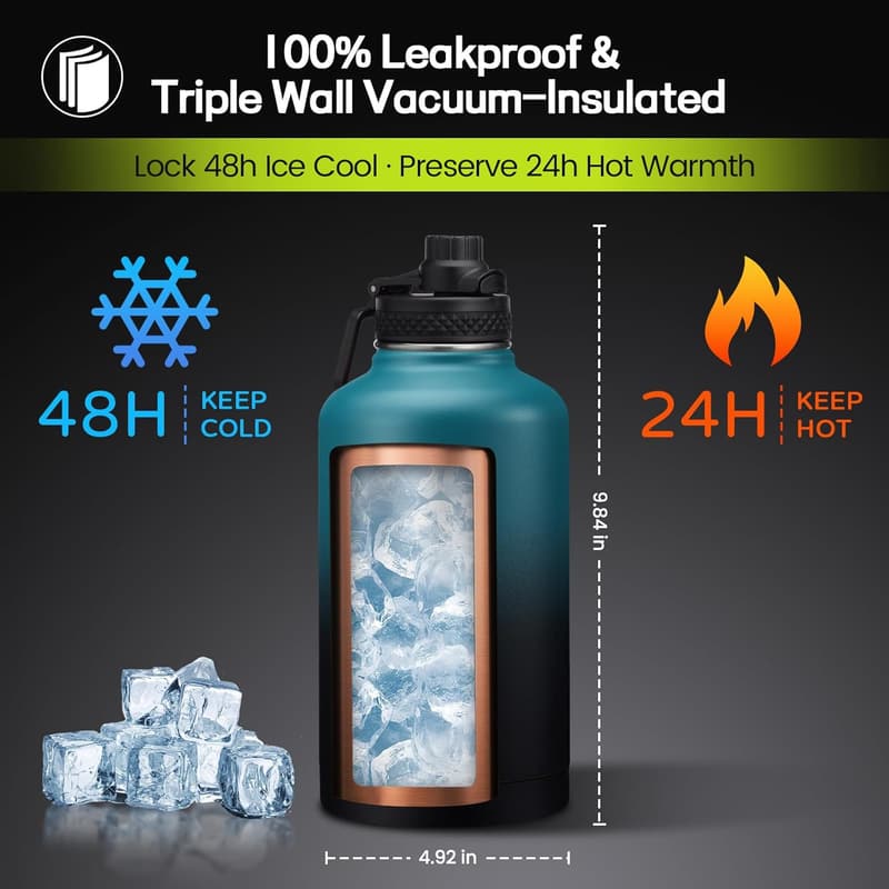 Insulated Half Gallon Water Bottle with Straw & Carrier Bag