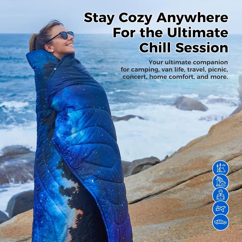 Packable Down Alternative Camping Blanket with Snap Buttons