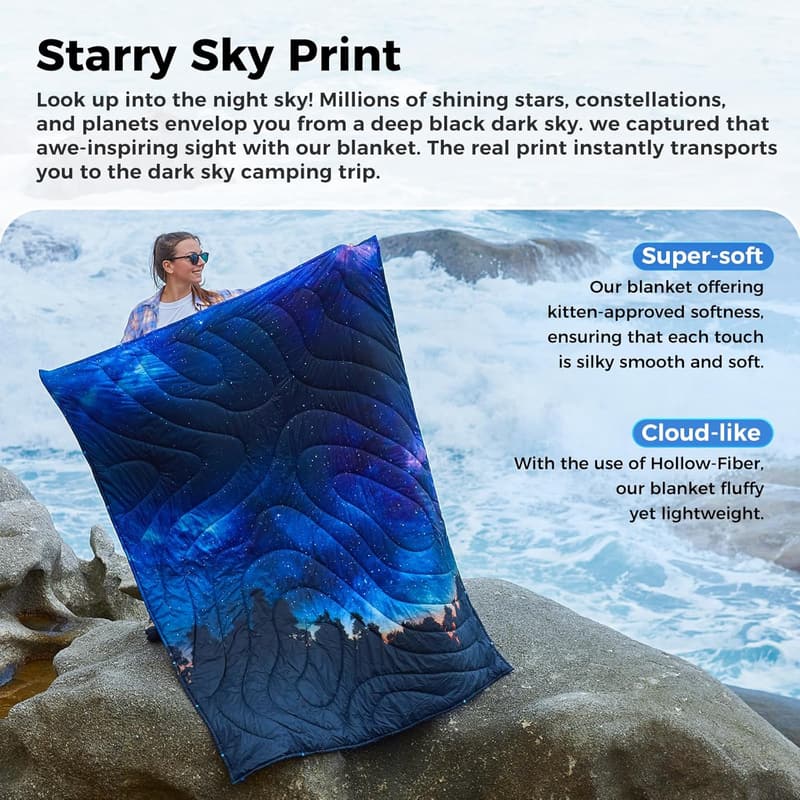Packable Down Alternative Camping Blanket with Snap Buttons