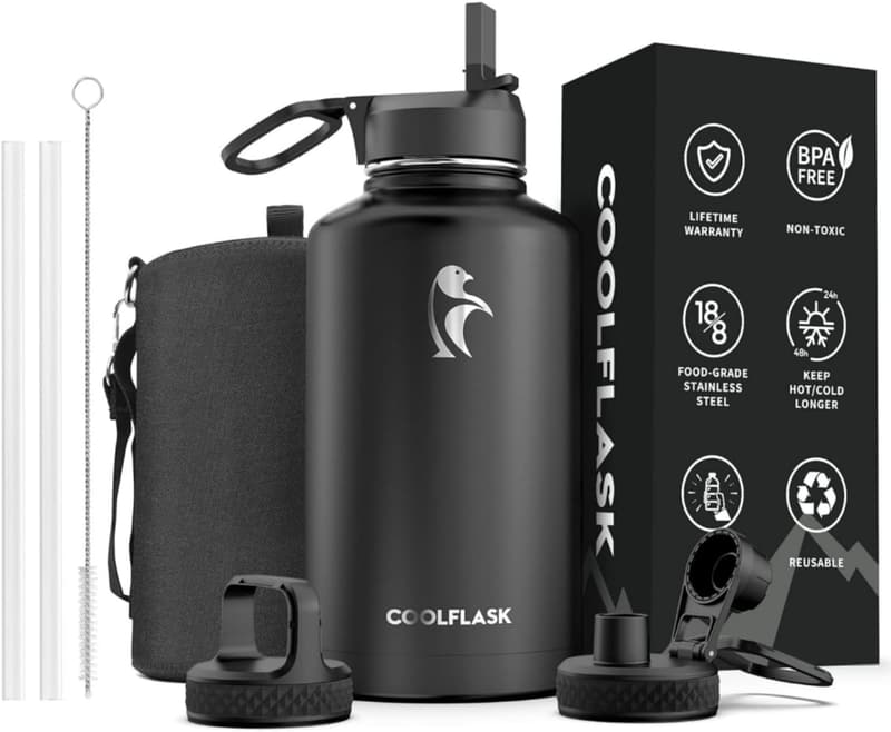 Insulated 64 oz Metal Water Bottle with Straw & 3 Lids