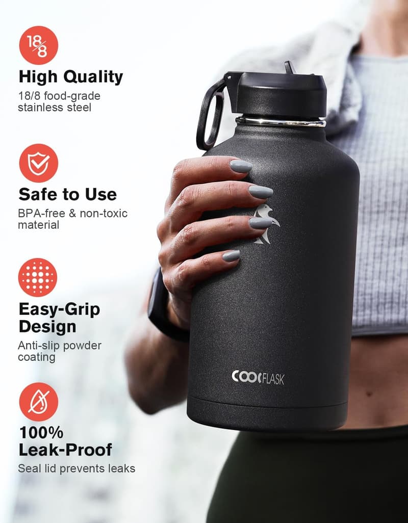 Insulated 64 oz Metal Water Bottle with Straw & 3 Lids