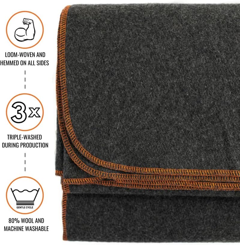 Outdoor Military Wool Blanket - Thick, Washable, 64x88 inches