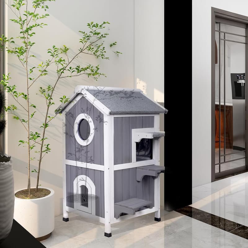 Weatherproof Wooden Two-Story Outdoor Cat House