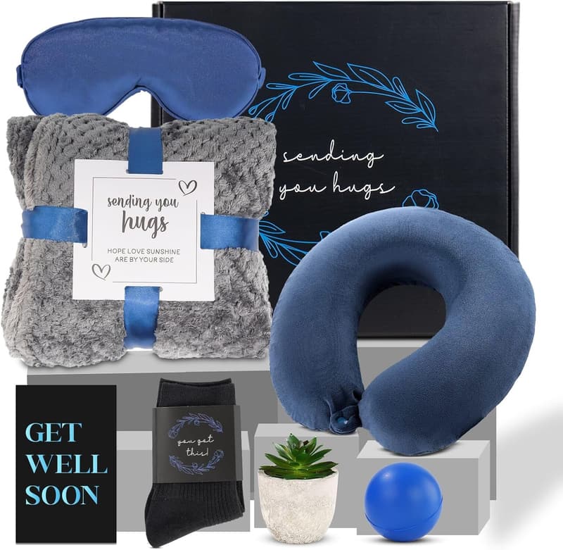 Get Well Soon Gift Basket for Men with Cozy Blanket & Pillow