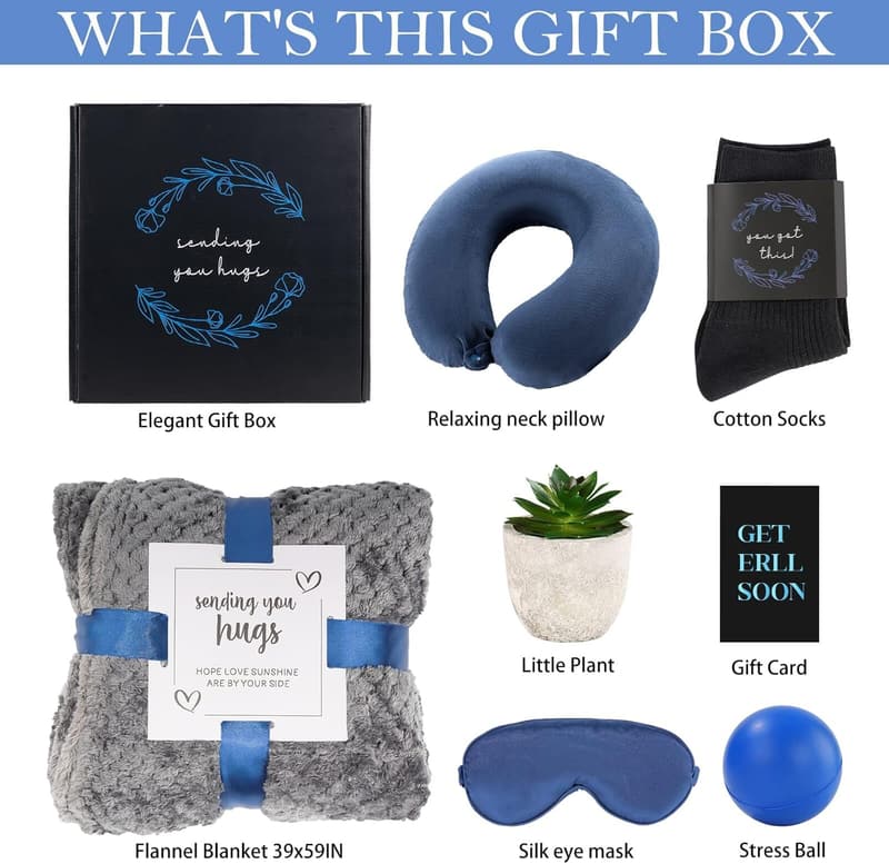 Get Well Soon Gift Basket for Men with Cozy Blanket & Pillow