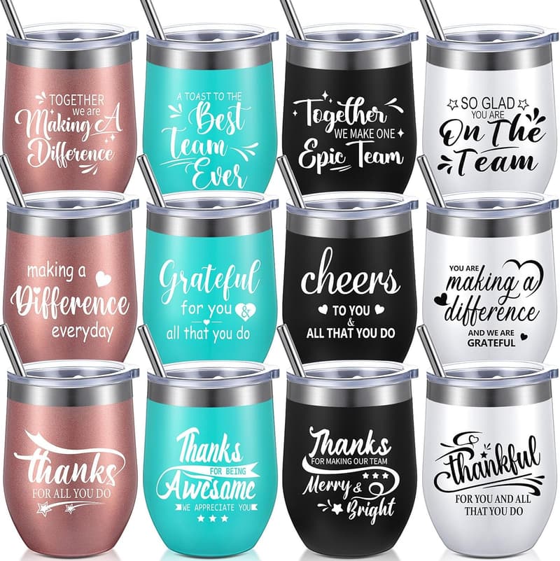 Employee Appreciation Wine Tumblers - Insulated Stainless Steel, 12 oz, Set of 12