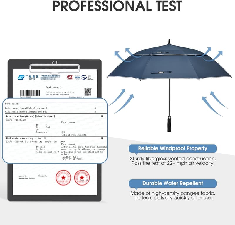 Oversized Windproof Golf Umbrella - 62 Inch Double Canopy