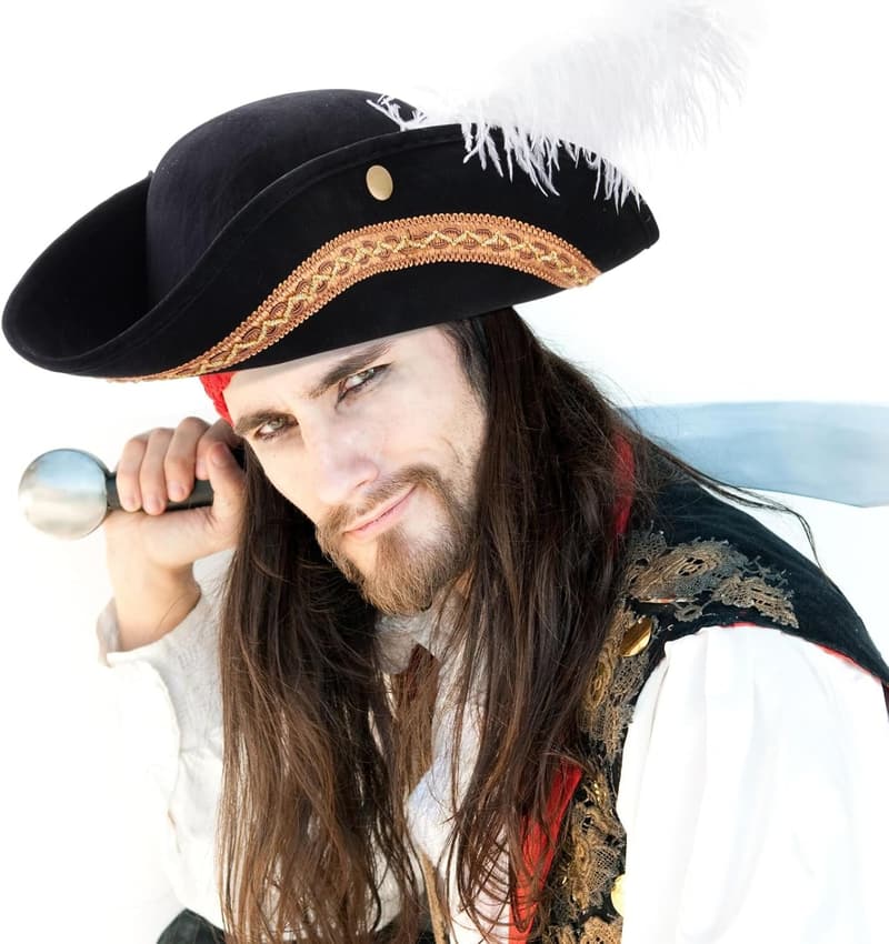 Halloween Tricorn Pirate Hat with Feather - Black Costume Accessory