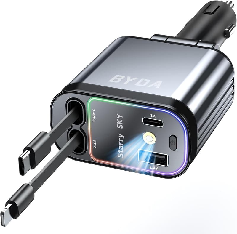 69W 4-in-1 Retractable USB-C Car Charger with Starry Light