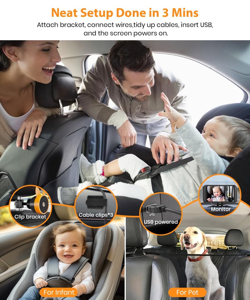 Rear-Facing Baby Car Camera with HD Night Vision - Orange
