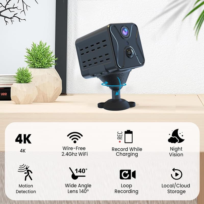 4K Mini WiFi Spy Camera with Night Vision & AI Motion Detection