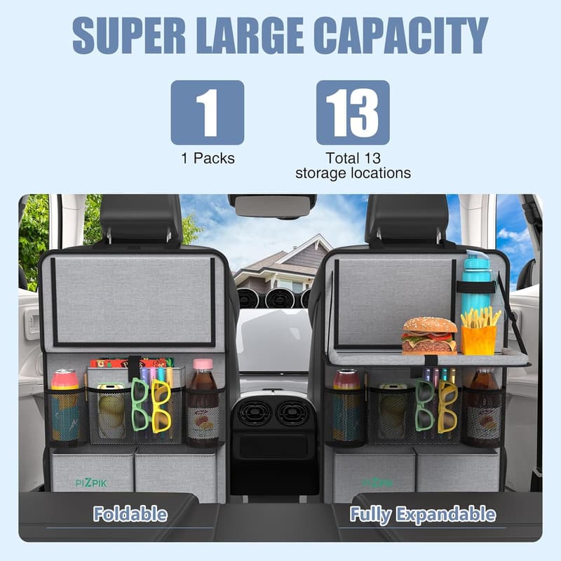 Backseat Organizer with Tablet Holder & Foldable Food Tray