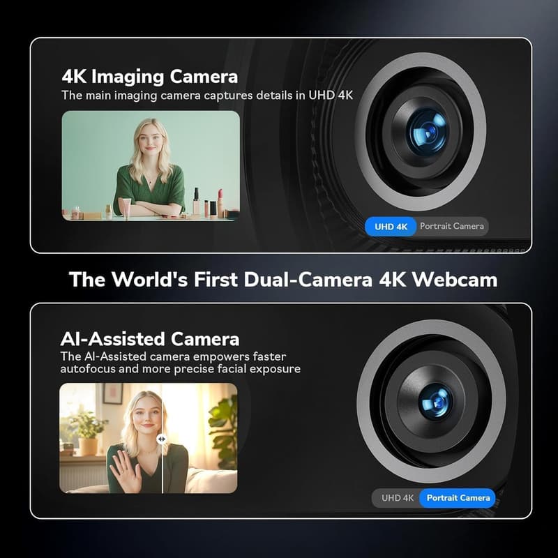 4K Dual-Camera Webcam with AI, 3 Microphones & Privacy Cover