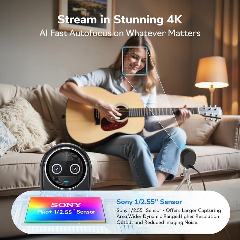 4K Dual-Camera Webcam with AI, 3 Microphones & Privacy Cover
