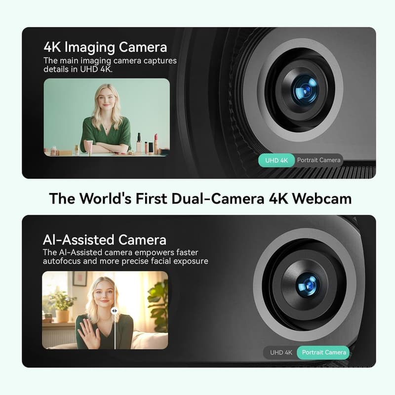 4K Dual-Camera Webcam with AI Autofocus & 3 Mics