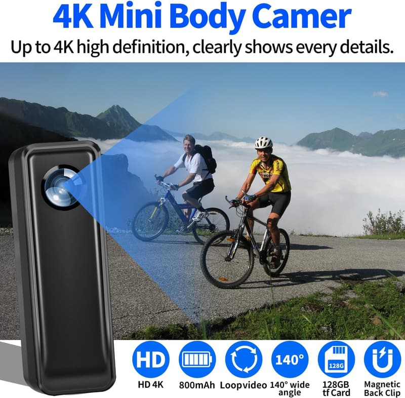 4K 30FPS Mini Body Camera with 128GB, Magnetic Clip
