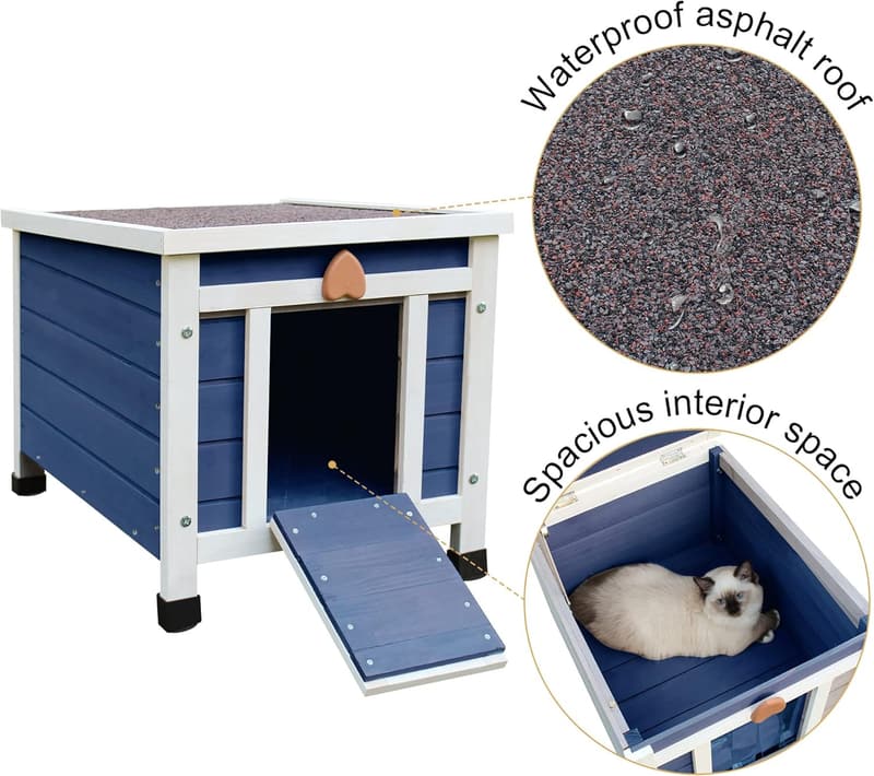 Weatherproof Outdoor Cat House with Elevated Floor - Blue
