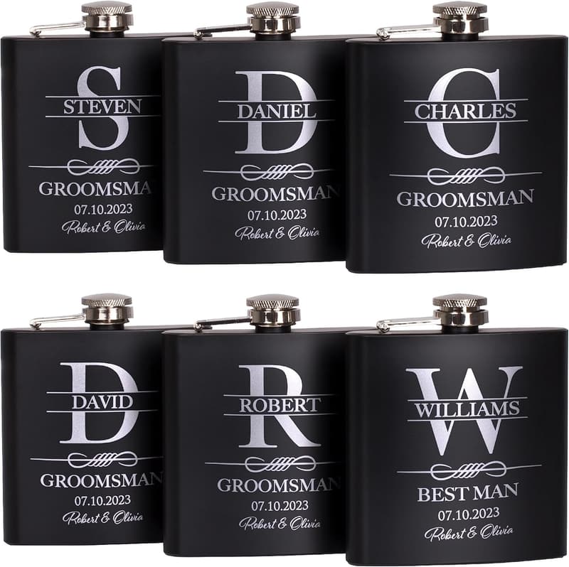 Personalized Groomsmen Flasks Set - Custom Engraved, 6 oz.