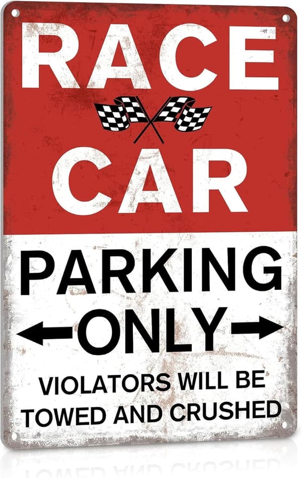 Vintage Race Car Parking Sign - Metal Wall Decor for Boys Room (8x12)