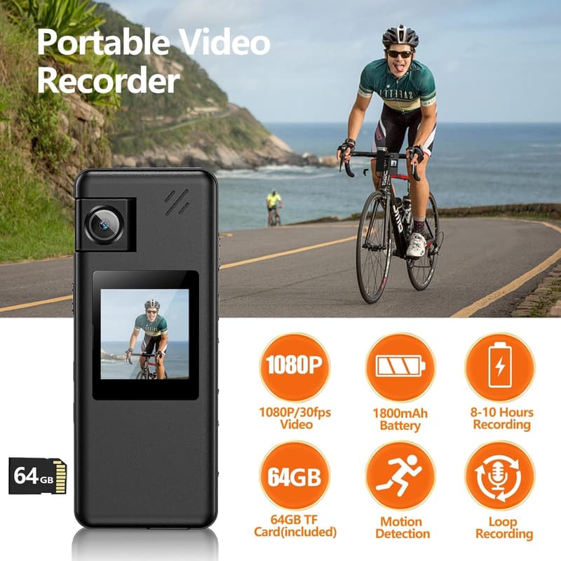 Portable 1080P Body Camera with 180° Lens and Motion Detection