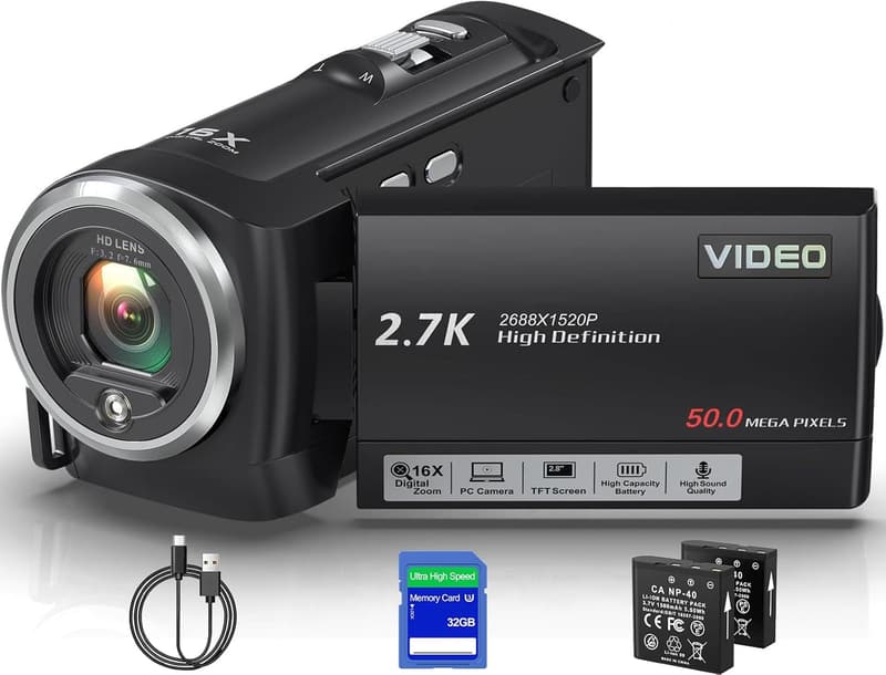 QHD 2.7K Vlogging Camera with 16X Zoom and LED Light