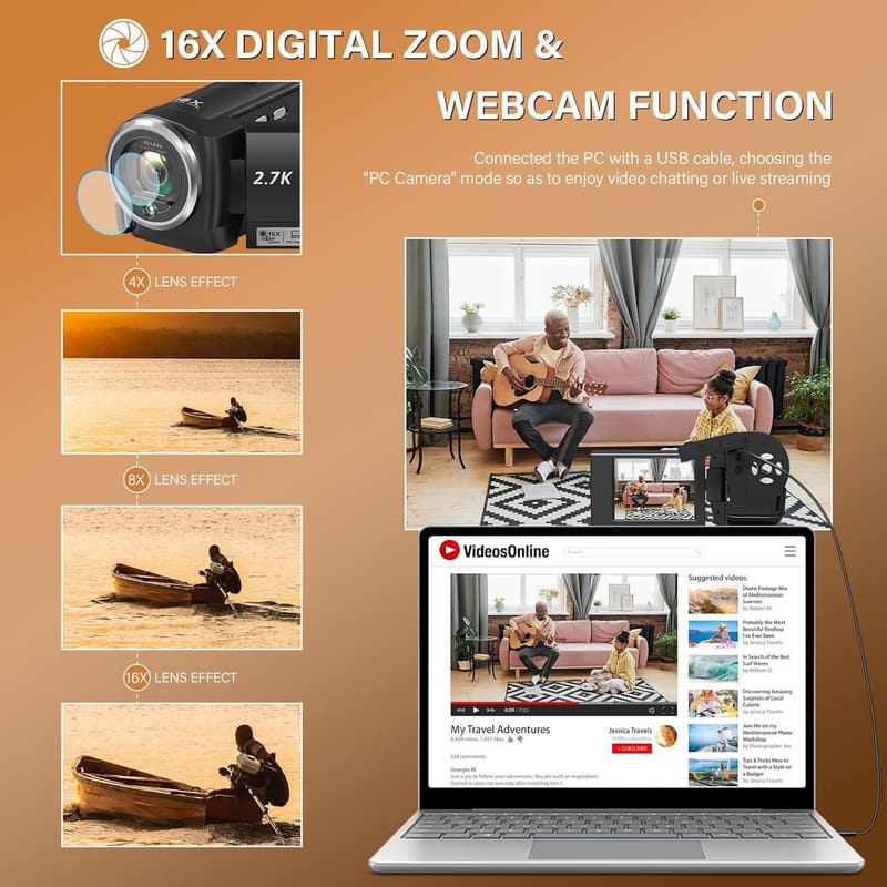 QHD 2.7K Vlogging Camera with 16X Zoom and LED Light