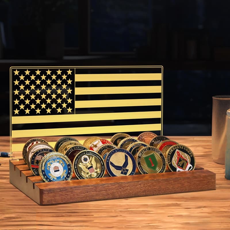 Military Challenge Coin Display Rack with American Flag and Lights