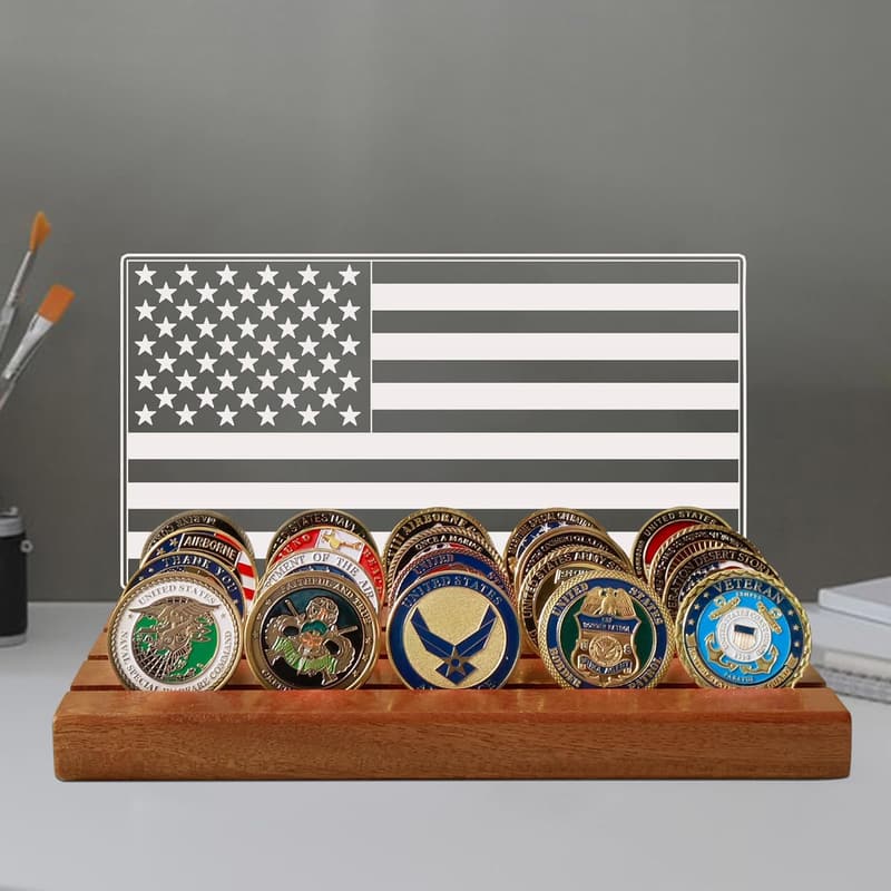 Military Challenge Coin Display Rack with American Flag and Lights