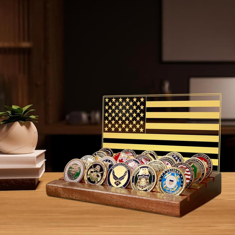 Military Challenge Coin Display Rack with American Flag and Lights
