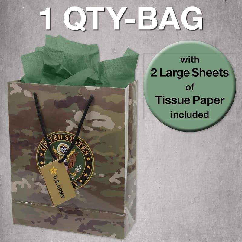 U.S. Army Themed Gift Bag with Tissue Paper & Tag