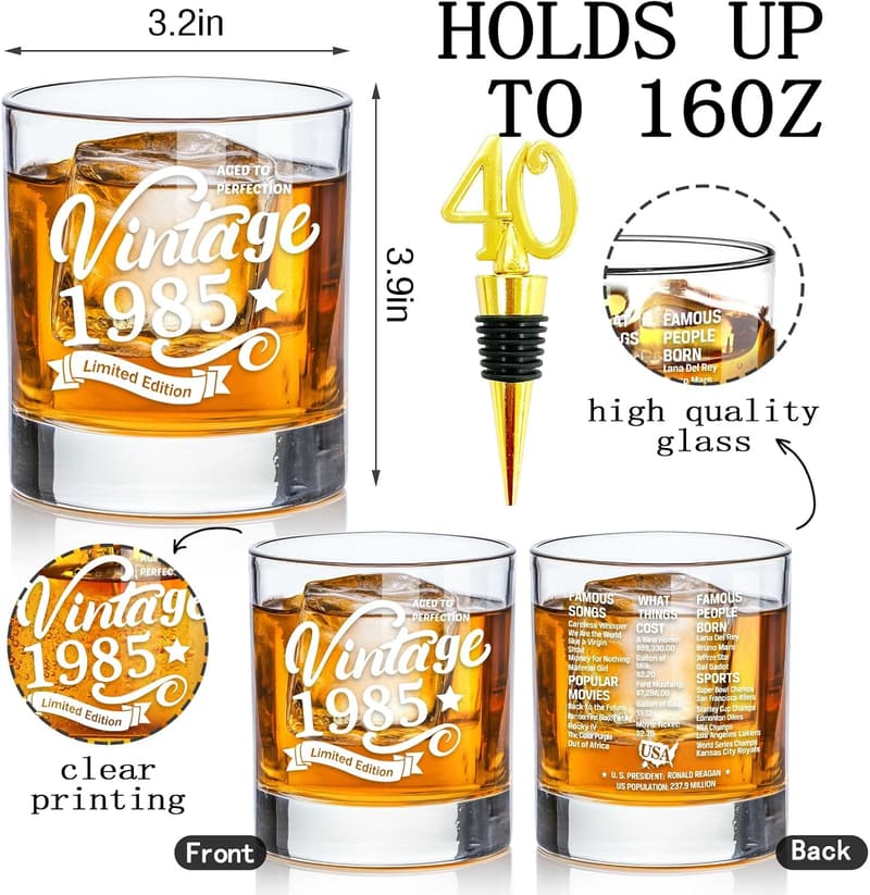 40th Birthday Vintage Old Fashioned Whiskey Glass, 10.25oz