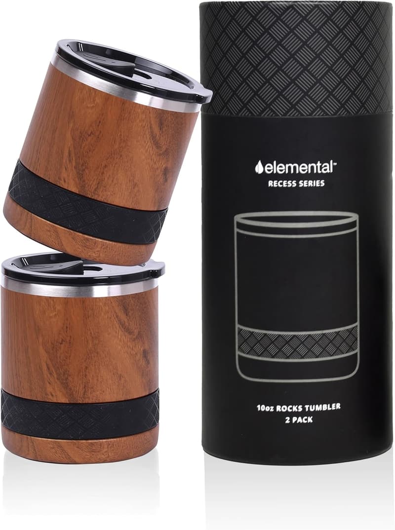 Insulated Teakwood Lowball Tumbler Set of 2, 10oz