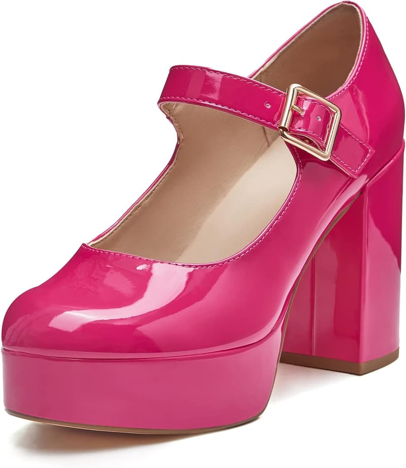 Women's Patent Mary Jane T-Strap Chunky Platform Heels