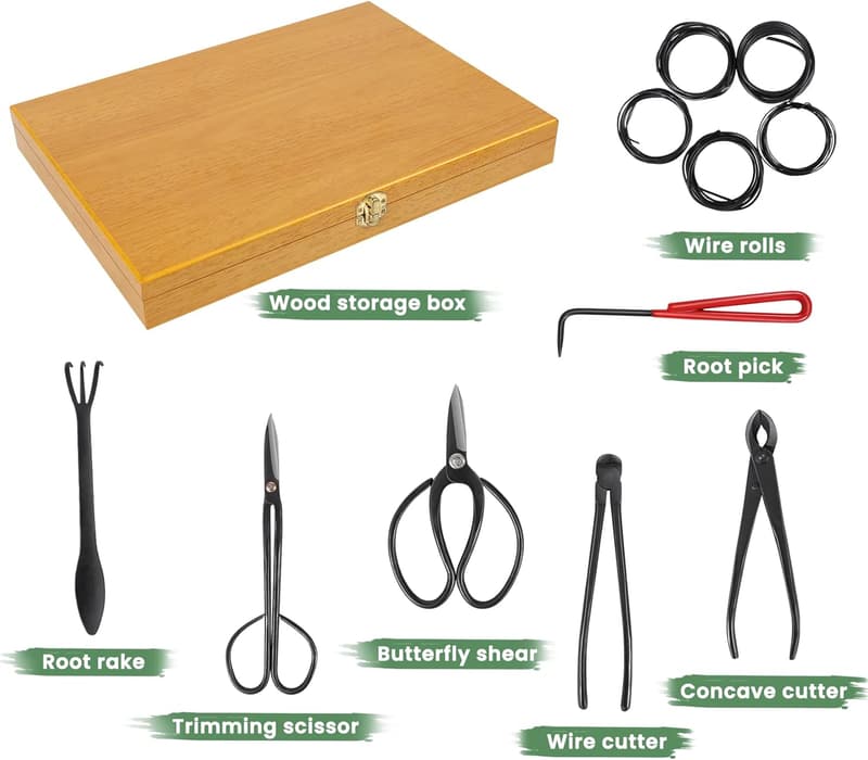 12PCS Heavy Duty Bonsai Tool Set with Wooden Box