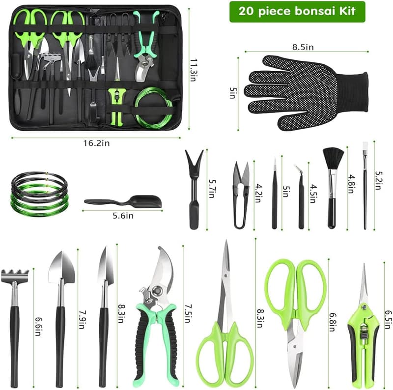 21-Piece Bonsai Tool Kit with Leather Storage Bag for Gardeners