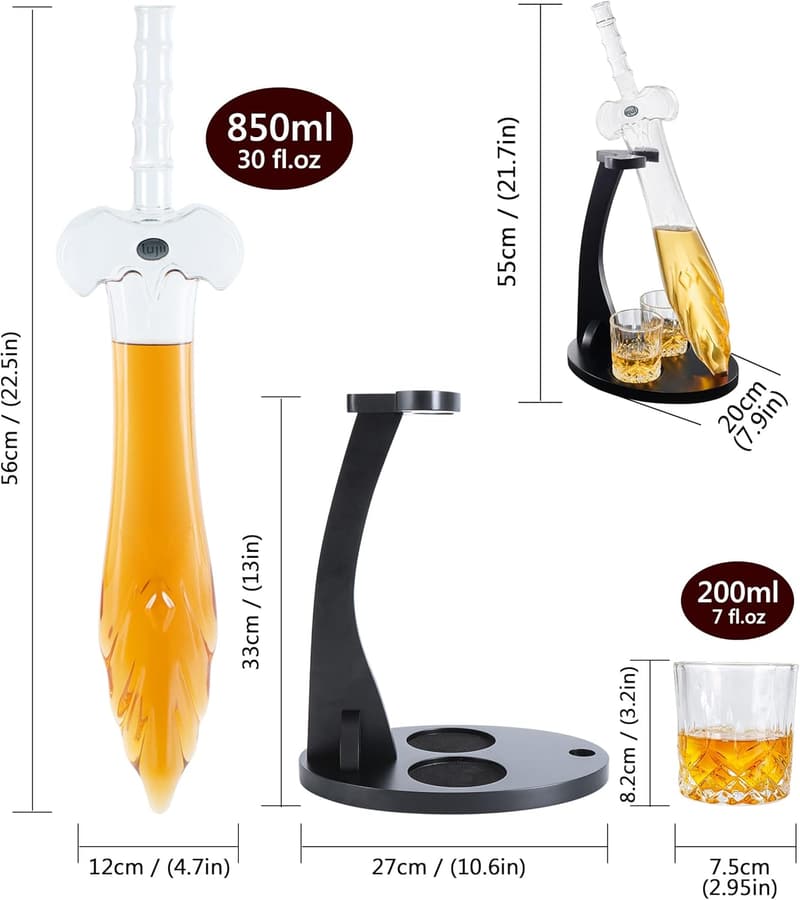 Heroic Sword Whiskey Decanter Set with Glasses & Tray for Men