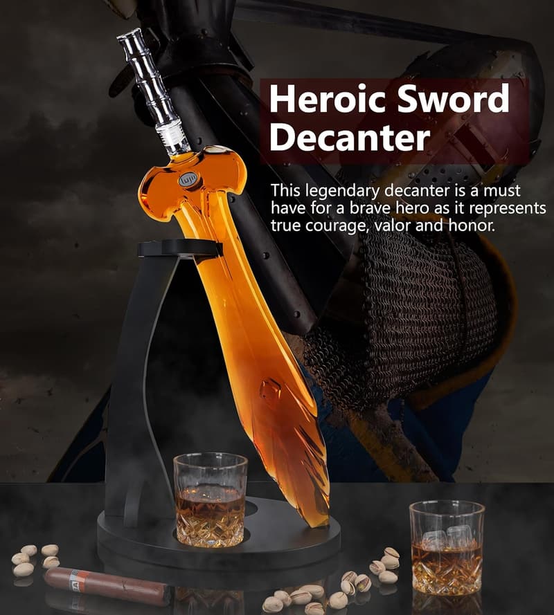 Heroic Sword Whiskey Decanter Set with Glasses & Tray for Men