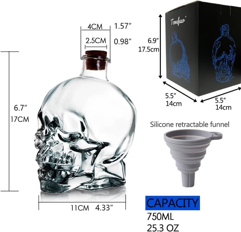 Halloween Skull Decanter - Lead-Free Glass with Cork Stopper (750ML)
