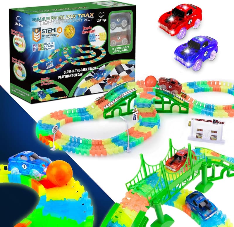 Glow in the Dark Race Track Set with 2 Light-Up Cars