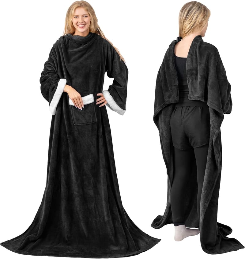 Cozy Wearable Fleece Blanket with Sleeves for Adults