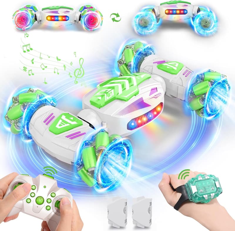 Gesture-Controlled 360° Rotating RC Stunt Car with Lights & Music