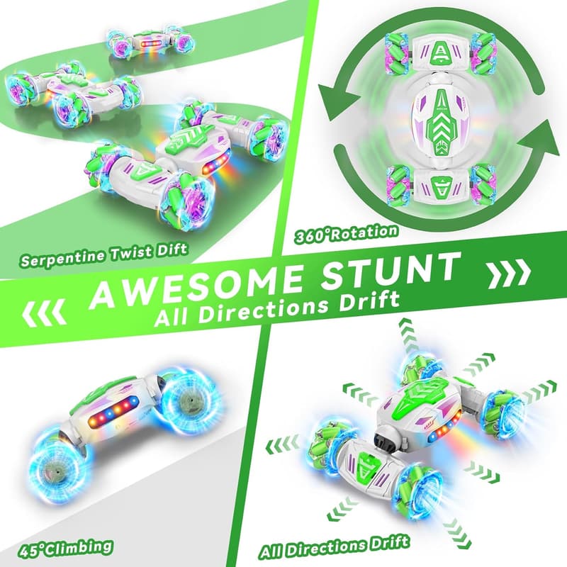 Gesture-Controlled 360° Rotating RC Stunt Car with Lights & Music